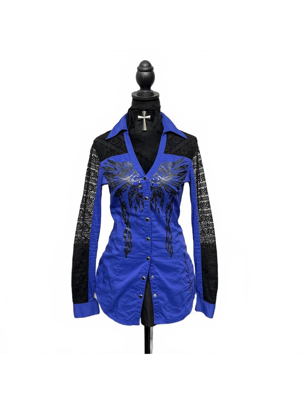 Y2K Rufen Sz S Purple Blue Button Down W Lace Sleeves Angel Wings Graphic Grunge